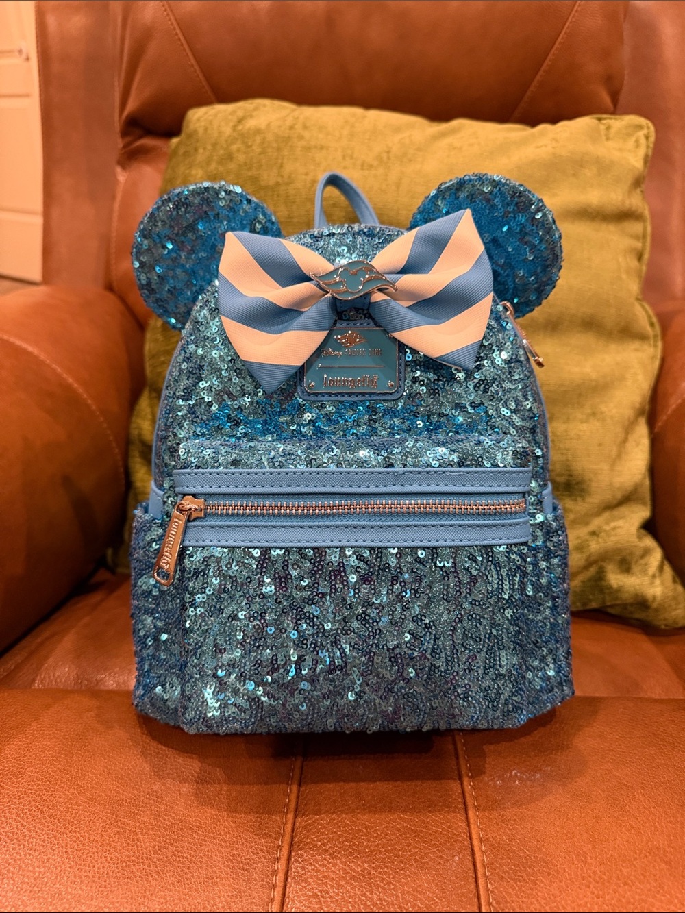 Disney Cruise Line Loungefly Aqua Sequin Backpack with Striped Bow